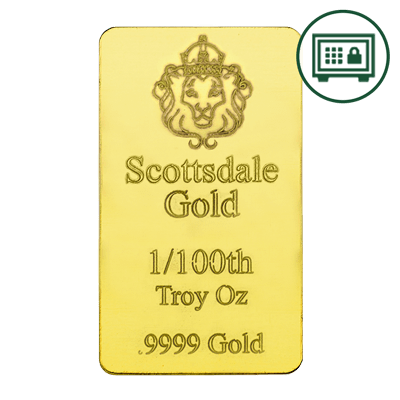 A picture of a 1/100 oz Scottsdale Gold Bar - Secure Storage